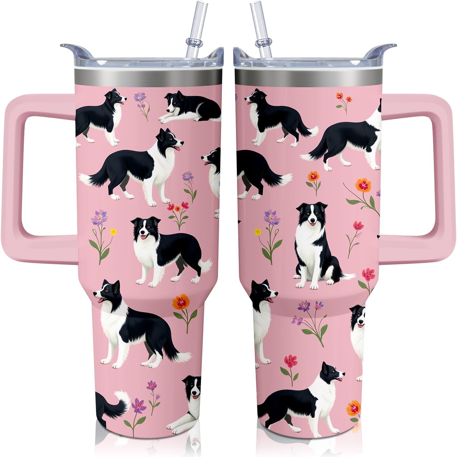 40oz Border Collie Dog Tumbler with Handle and Straw, Cute Stainless Steel Insulated Cup with Lid and Straw, Travel Coffee Mug Water Bottle, Birthday Mothers Day Gifts for Women Men Animal Lovers