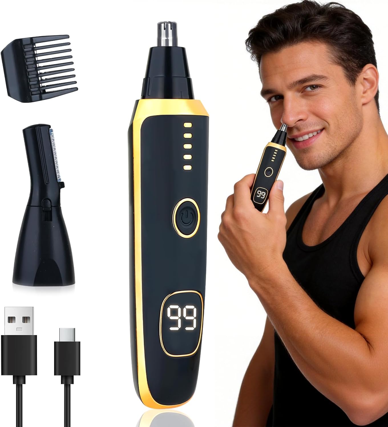 LED Display Ear and Nose Hair Trimmer Clipper for Women Men,2026 Rechargeable 2 in 1 Painless Eyebrow & Facial Hair Trimmer with Powerful Motor and Dual-Edge Blades Easy Cleansing