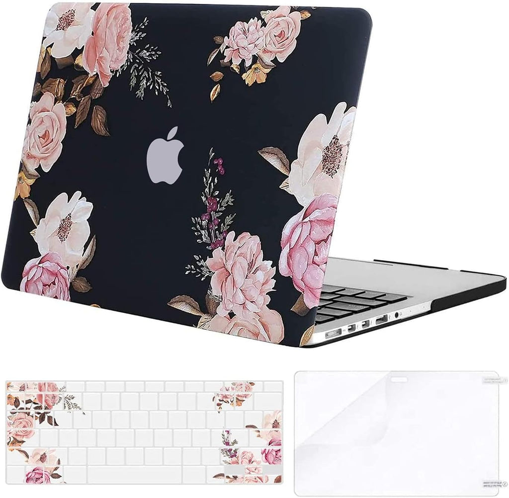 MOSISO Compatible with MacBook Pro 15 inch Case with Retina Display (Model: A1398, Older Version, 2015 - end 2012 Release), Plastic Peony Hard Shell Case & Keyboard Cover & Screen Protector, Black
