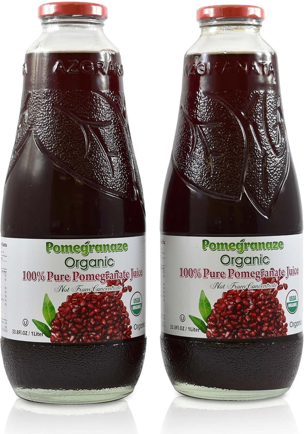 100% Organic Pomegranate Juice, 33.8 Oz Glass Bottle (2 Pack) No Sugar, No Artificial Colors, No Preservatives, No Flavors Added, Gluten Free and Kosher