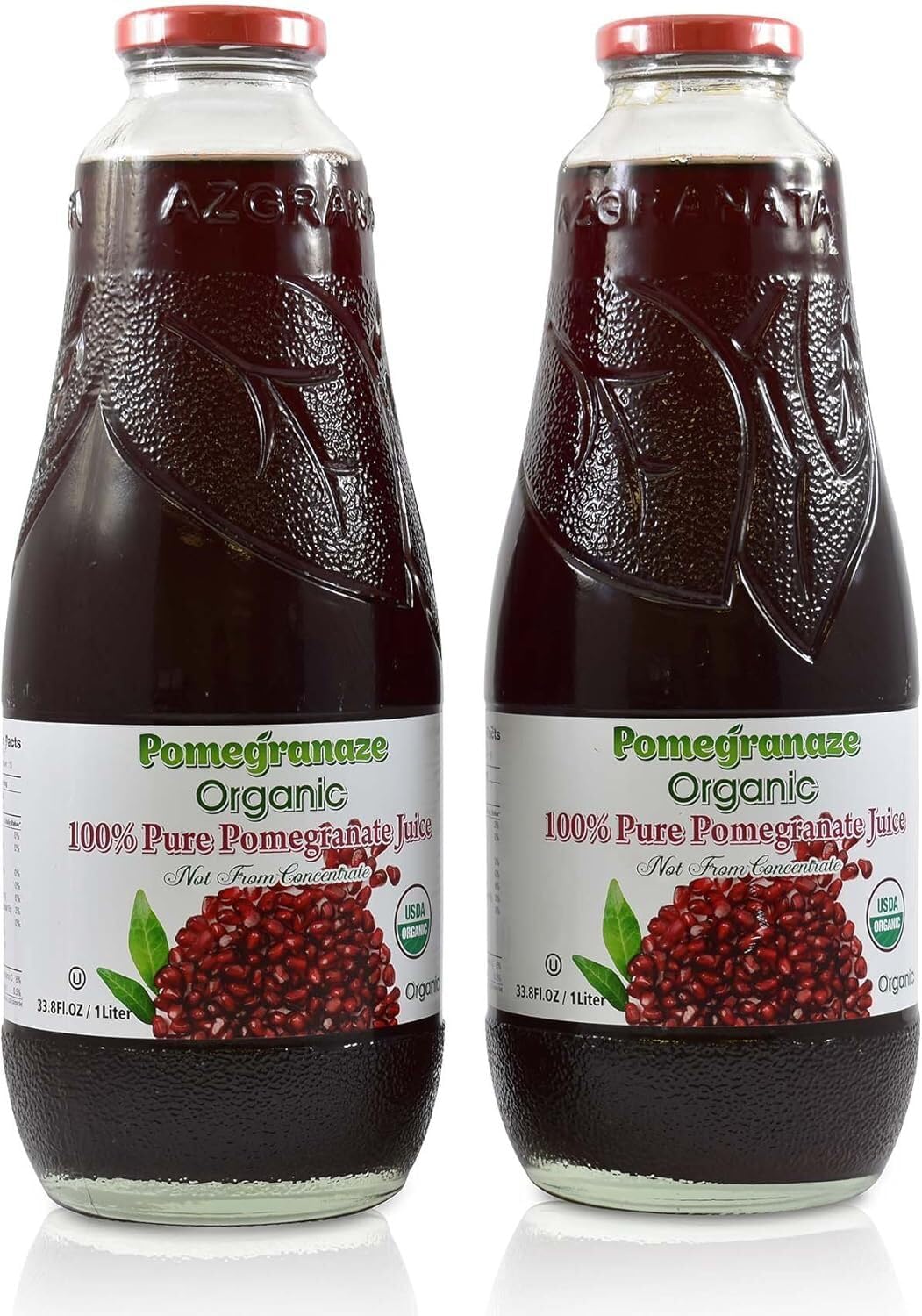 100% Organic Pomegranate Juice, 33.8 Oz Glass Bottle (2 Pack) No Sugar, No Artificial Colors, No Preservatives, No Flavors Added, Gluten Free and Kosher