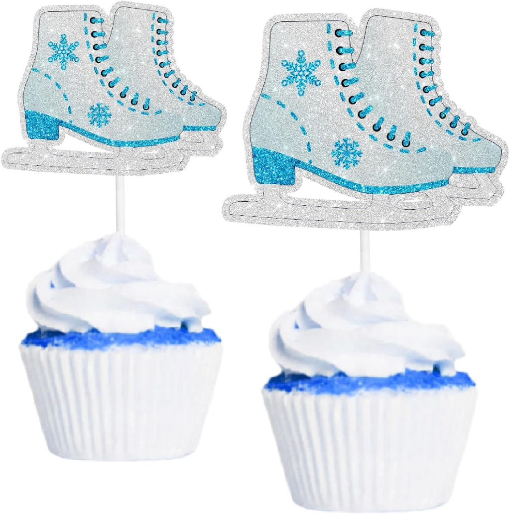 Ice Skating Cupcake Toppers 18-Piece Snowflake Themed Happy Birthday Decoration, Ice Skating Themed Birthday Party for Boys and Girls, Baby Shower or Kids Retro Ice Skating Party Decoration. SugarGera
