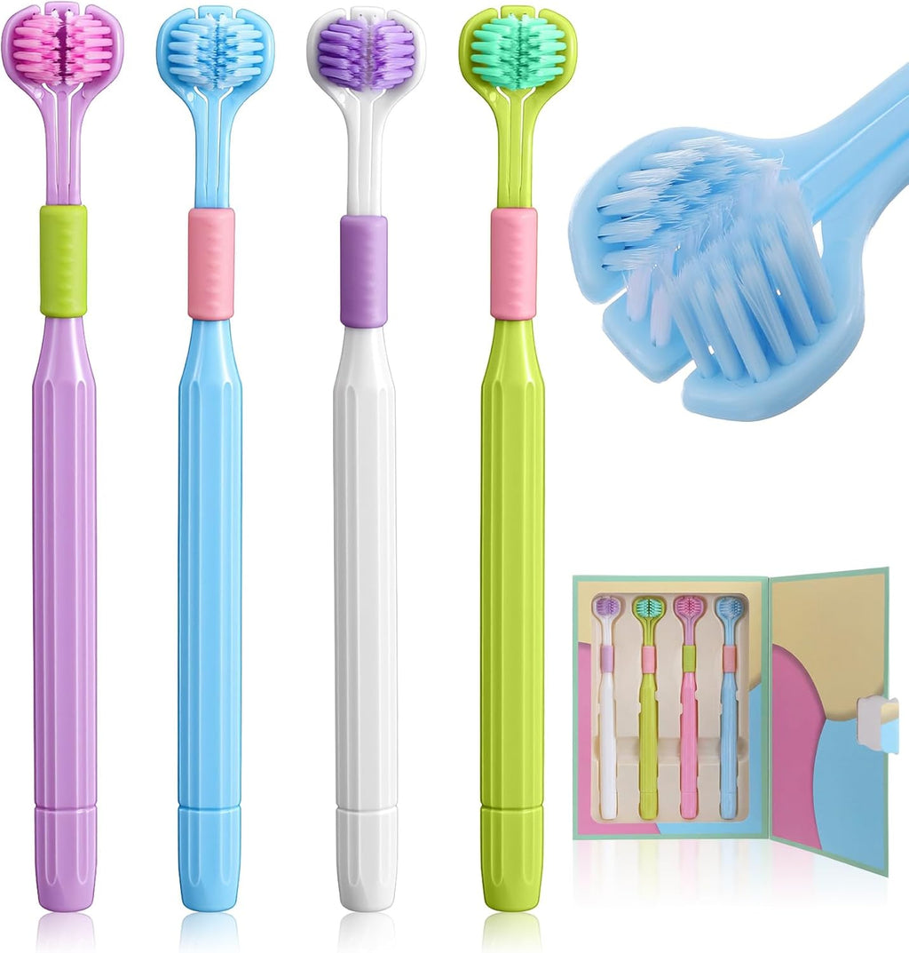 4-Pack 3 Sided Toothbrush, 3 Sided Toothbrush Kids & Adults with Special Needs, Multi-Angle Cleaning with Medium Soft Bristles (White, Pink, Green, Purple)