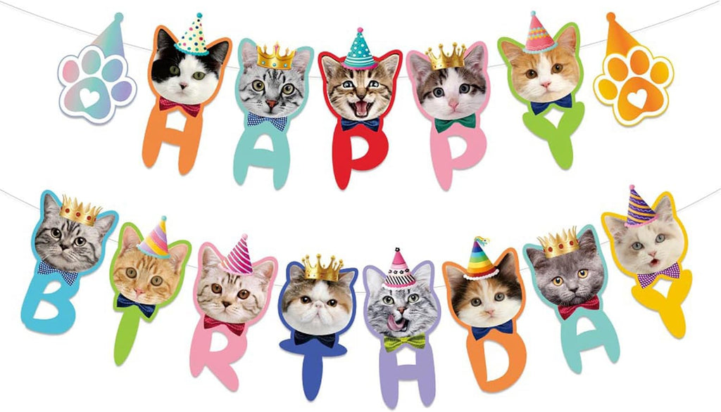 TSJ Happy Birthday Cat Banner, Kitty Cat Theme Party Bunting Decoration for Adoption Birthday Party Favors