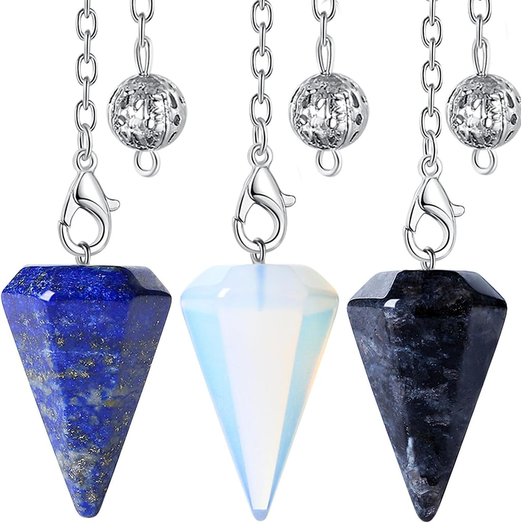 DUQGUHO 3 Pcs Crystal Pendulum Set Wiccan Accessories Divination Tools Natural Opal Labradorite Lapis Lazuli Healing Crystal Quartz for Reiki Pointed Crystal Grid Meditation Gemstone Pendants