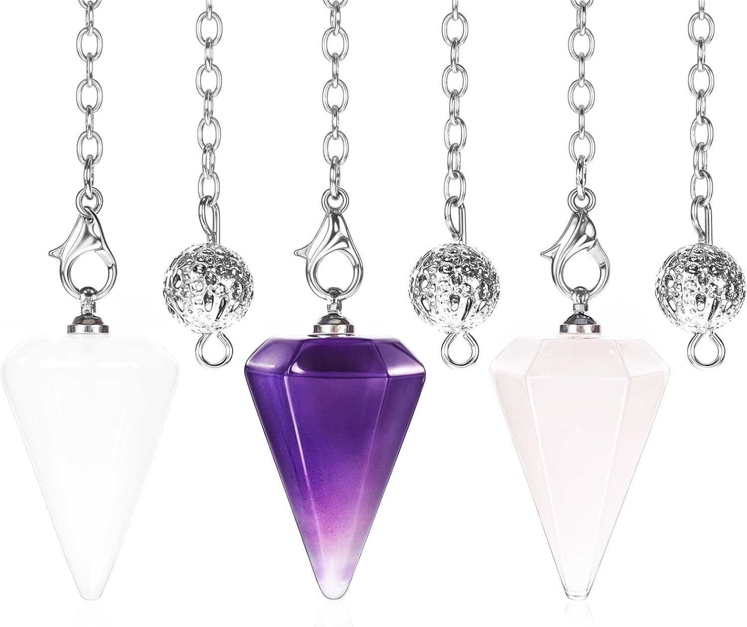 Qianyu 3 Pcs Crystal Pendulums Set for Divination Dowsing Amethyst Rose Quartz Clear Quartz 6 Faceted Hexagonal Pointed Cone Resin Spiritual Gemstone Pendant Witchcraft Accessories