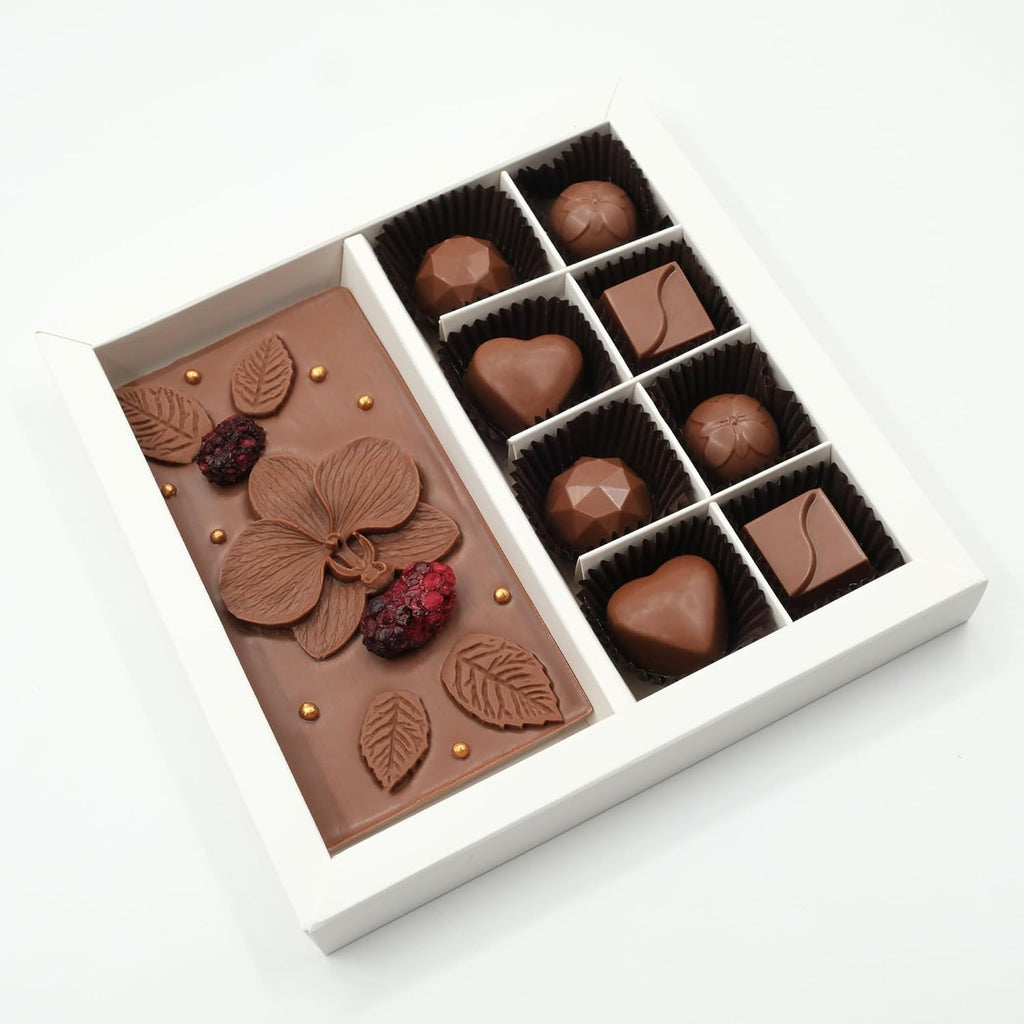 Ksana Choco Luxury Handmade Chocolate Gift Box - Artisan Floral Decorated Milk Chocolate Tablet & 8 Assorted Pralines - Gourmet Gift Birthday, Anniversary, Valentine's Day (Tablet & 8 Pralines Gift Set)