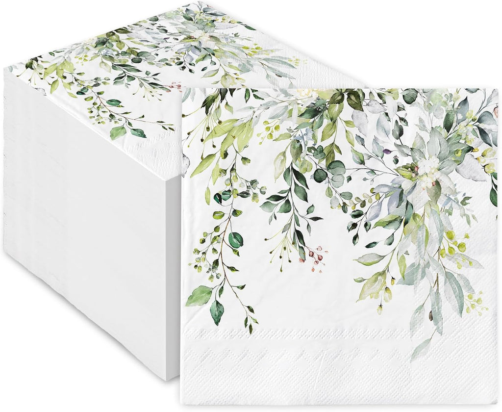 100Pcs Greenery Paper Napkins Watercolor Green Leaves Disposable Luncheon Napkin Spring Dessert Dinner Hand Napkin for Wedding Baby Shower Birthday Supplies