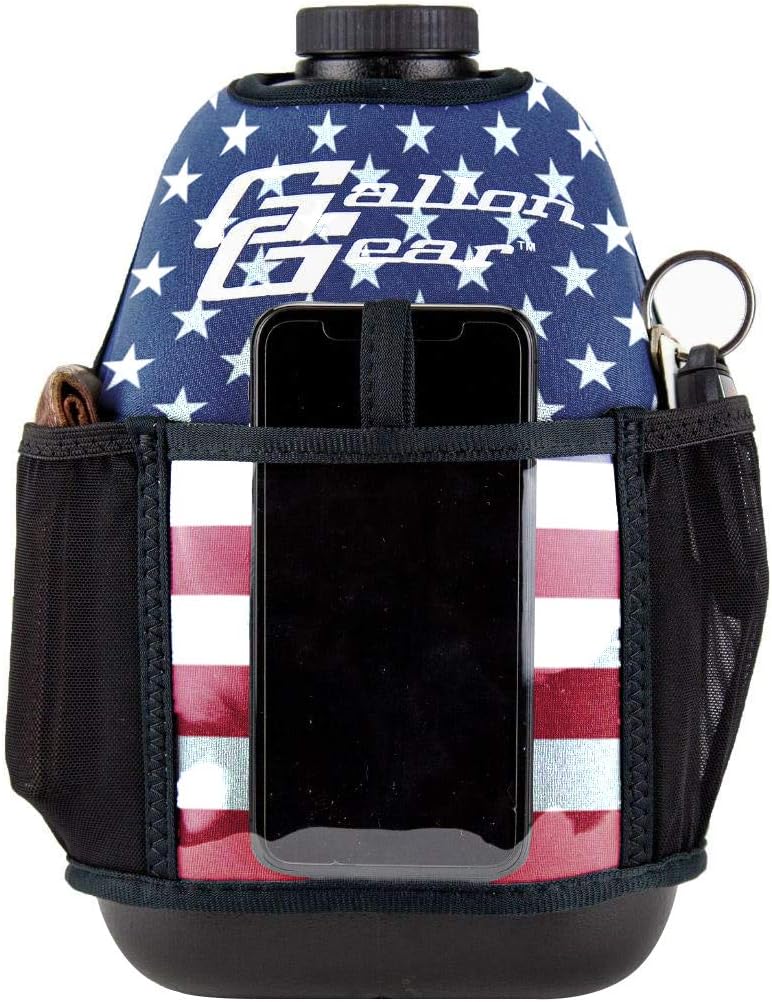 1 Gallon Large Water Bottle with Cover - BPA Free Plastic, Reusable Water Jug and Neoprene Cooling & Insulated Carrier with Storage Pockets (Black w/American Flag Cover)