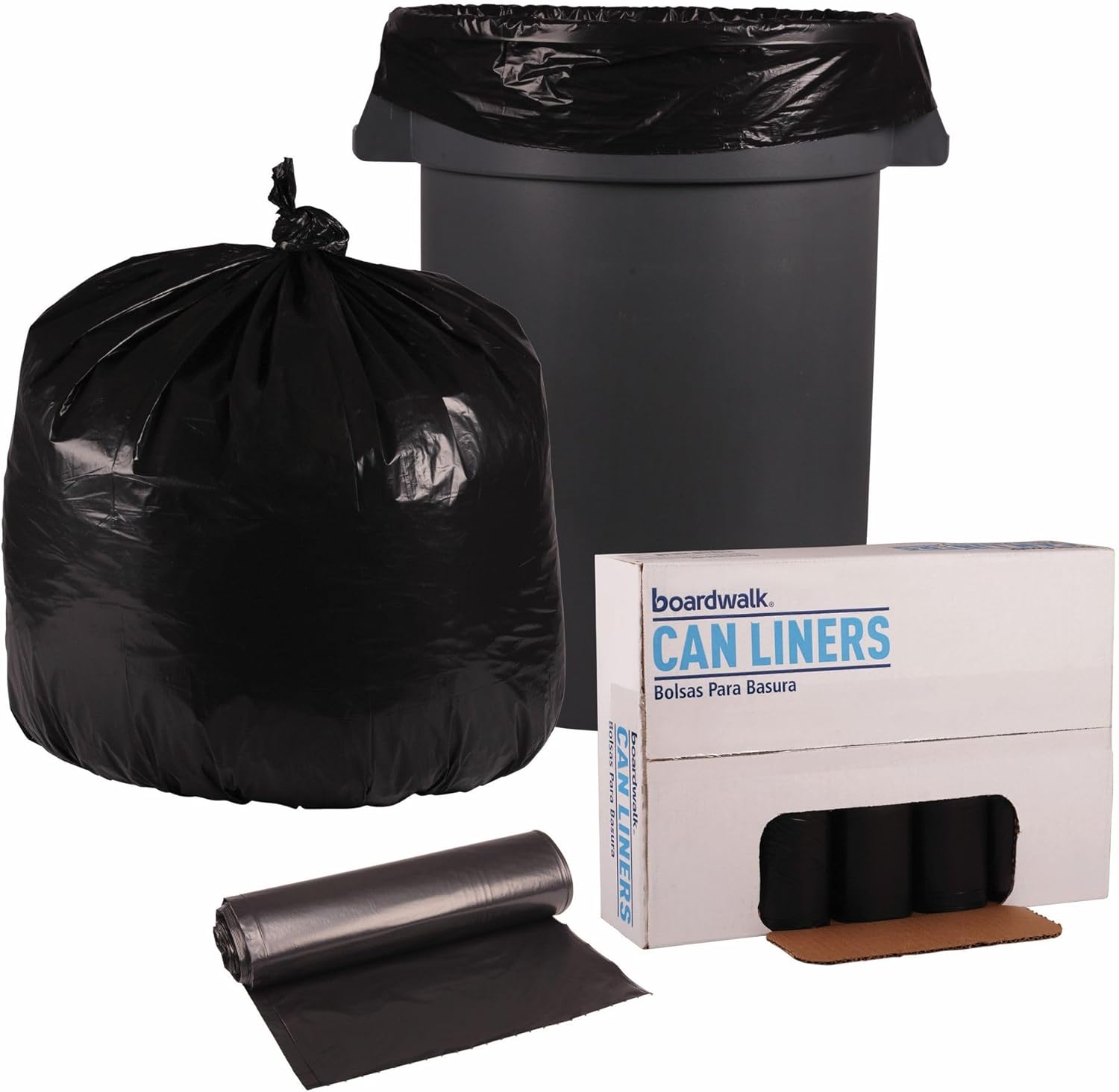 Boardwalk Recycled Low-Density Polyethylene Can Liners, 33 Gallon Garbage Bags, 1.6 mil, 33" x 39", Black, 10 Bags/Roll, 10 Rolls/Carton