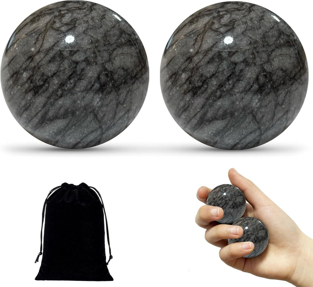 Hand Therapy Balls for Stress Relief,Baoding Balls for Women & Men,Marble Chinese Massage Ball Set for Hand Exercise,Arthritis,Brain Stress Relief,2 Pack with Storage Bag (1.57inch Dark Grey)