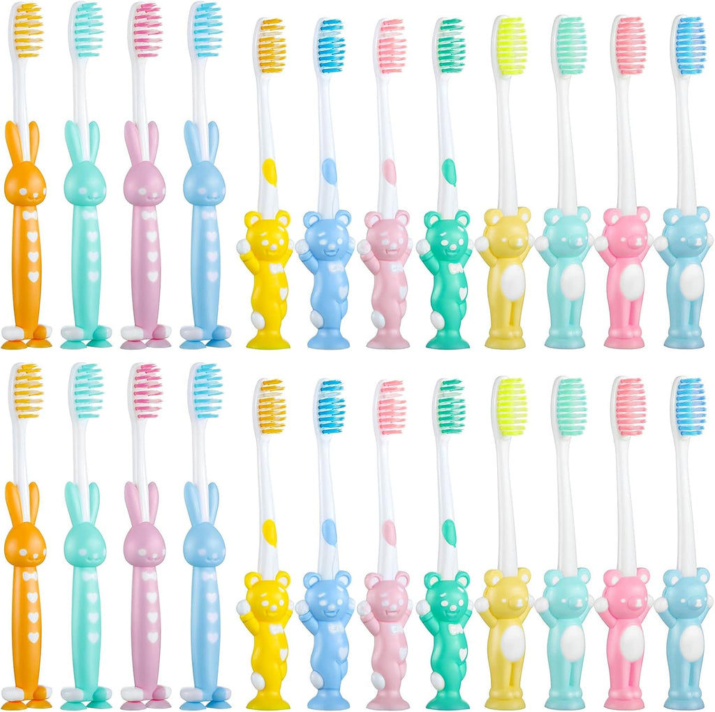 Patelai 24 Pcs Toddler Toothbrush for Age 2 up, Kids Toothbrush Set with Covers, Soft Children Manual Brushes Bulk with Suction Cup for Upright Storage, Rabbits and Bears Brushes for Travel