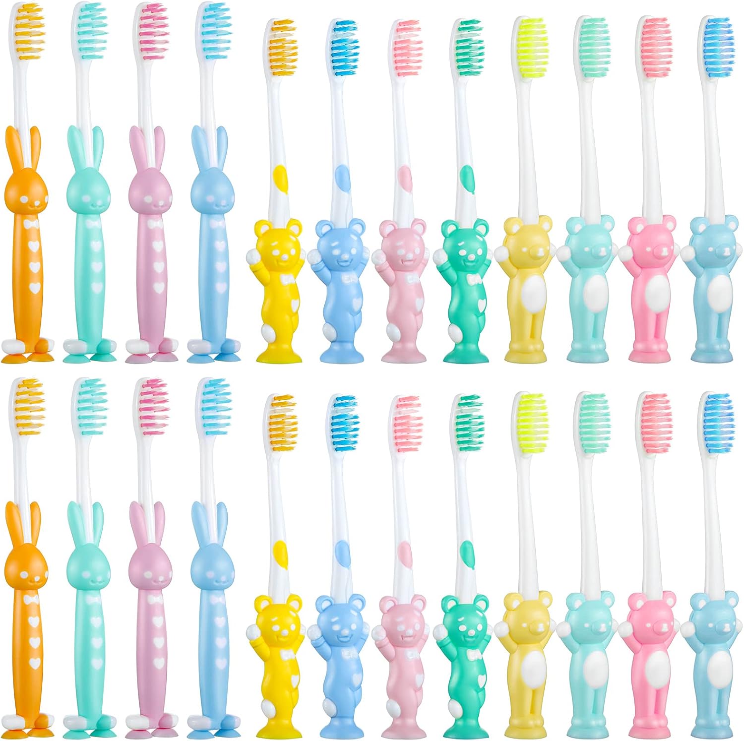Patelai 24 Pcs Toddler Toothbrush for Age 2 up, Kids Toothbrush Set with Covers, Soft Children Manual Brushes Bulk with Suction Cup for Upright Storage, Rabbits and Bears Brushes for Travel
