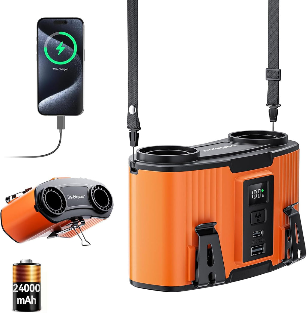 24000mAh Portable Waist Fan, Dual Waist Fan, USB Rechargeable Clip On Belt for Working, Dual Air Ducts Motors, 10 Speeds & 40H, Wearable Neck Fan Cooling for Camping, Outdoor, Travel (Orange)
