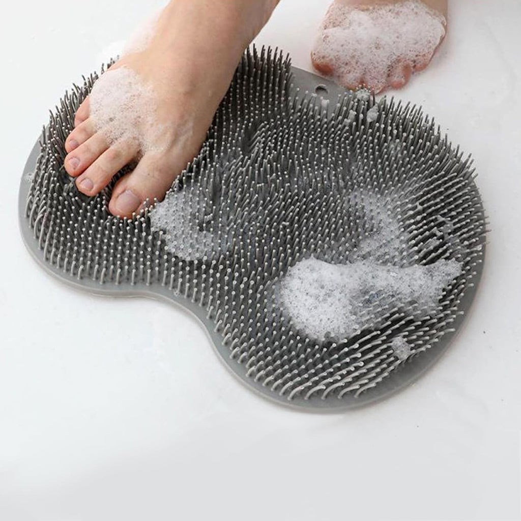 Grey Shower Foot Scrubber Mat Back Washer Exfoliating Bath Wash Pad Wall Mounted Non-Slip Suction Cup