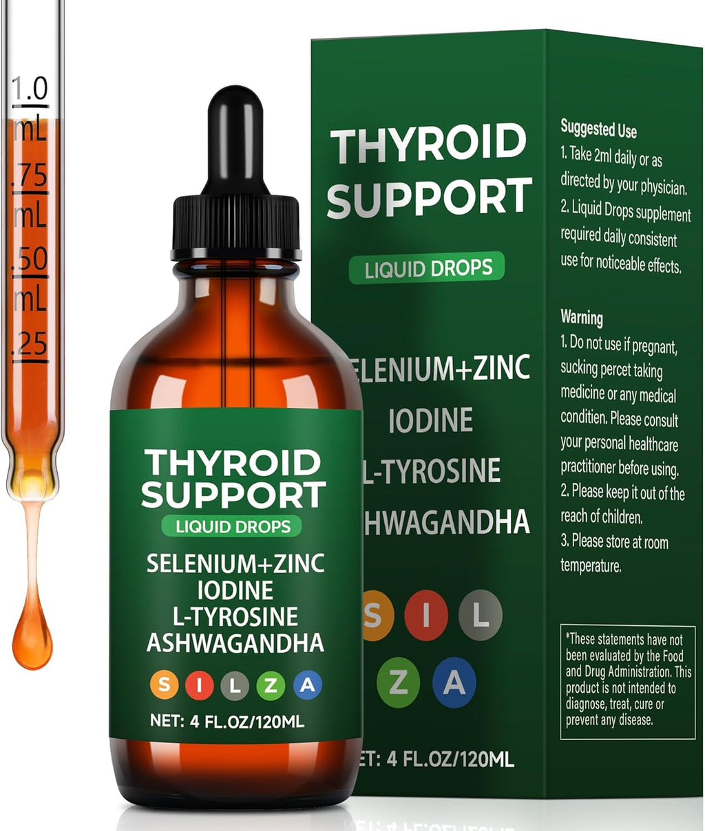 Thyroid Support Complex Liquid Drops for Women & Men - High Potency Iodine, Zinc, Selenium & Ashwagandha for Cortisol & Stress Relief - Natural Metabolism & Energy Booster - 4 oz (120ml)
