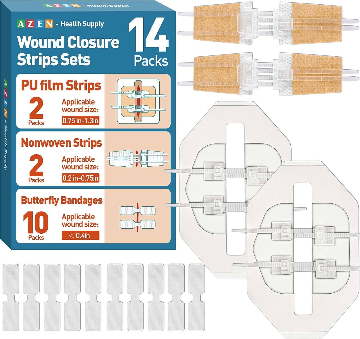 AZEN 14 Pack Emergency Wound Closure Strips, Butterfly Bandages, Emergency Laceration Closure Kit, Repair Wounds Without Stitches, Quick Clot Zip Stitch Wound Closures Device