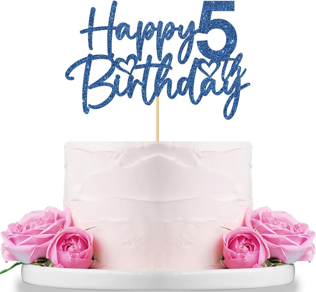WeBenison Happy 5th Birthday Cake Topper Children's 5th Birthday Cake Topper Boy or Girl Five Years Old Birthday Party Decorations Blue Glitter