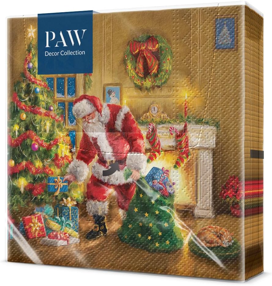 PAW - Paper Napkins 3 Ply (33 x 33 cm) I 20 Pieces I Printed with Water Based Ink I Christmas Decorations I Ideal for Christmas and Christmas Party - Coloured I Colour: Santa is Here