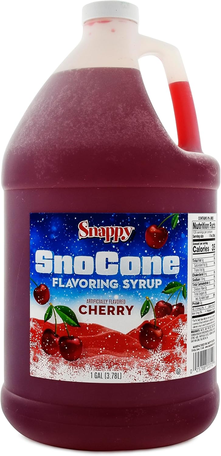 Snappy Cherry Sno Cone Syrup, 1 Gallon (128 ounces) Size, Ready to Use For Snow Cone Machines, Flavored Syrup for Shaved Ice, 14 Snow Cone Flavor Options