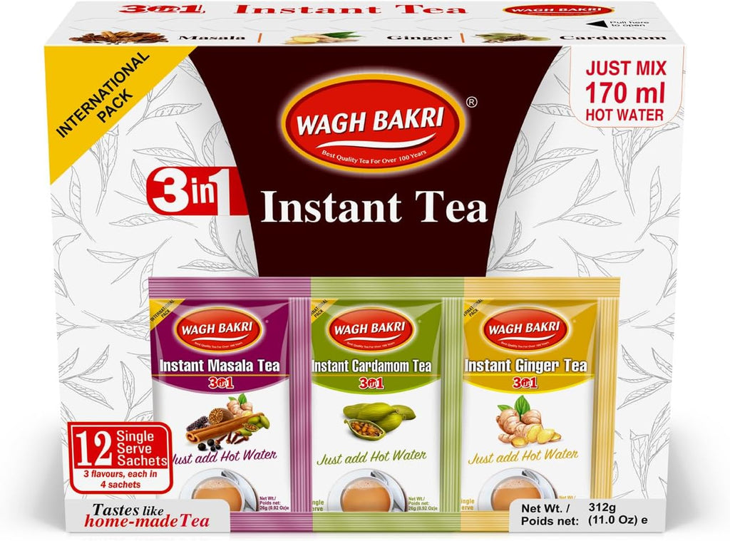 Wagh Bakri Instant Tea Premix, Masala, Cardamom & Ginger - 4 Sachets Each, Total 12 Sachet [International Pack]