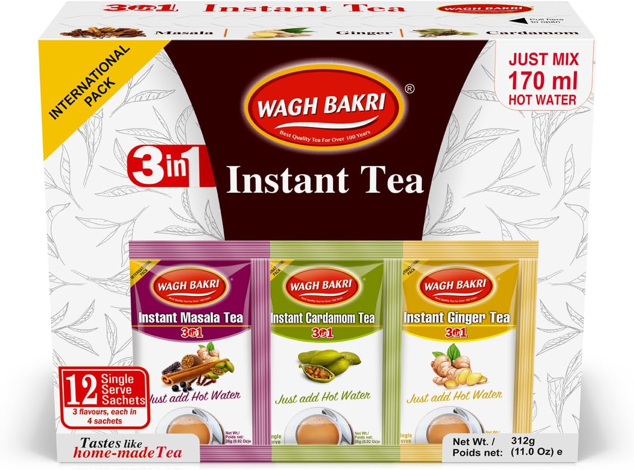 Wagh Bakri Instant Tea Premix, Masala, Cardamom & Ginger - 4 Sachets Each, Total 12 Sachet [International Pack]