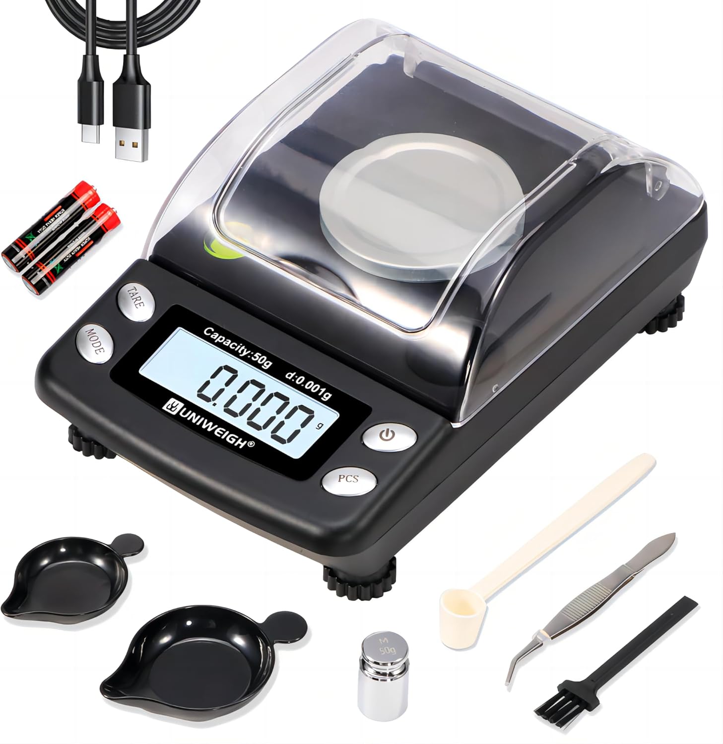 Digital Milligram Scale Accurate 0.001g/50g,Precision mg Scale for Jewelry,Powder,Gold,Gem,Reloading Scale,Micro Gram Scale with 6 Units,Tare,Cal Weight,Pocket Scale with USB&Battery Powered