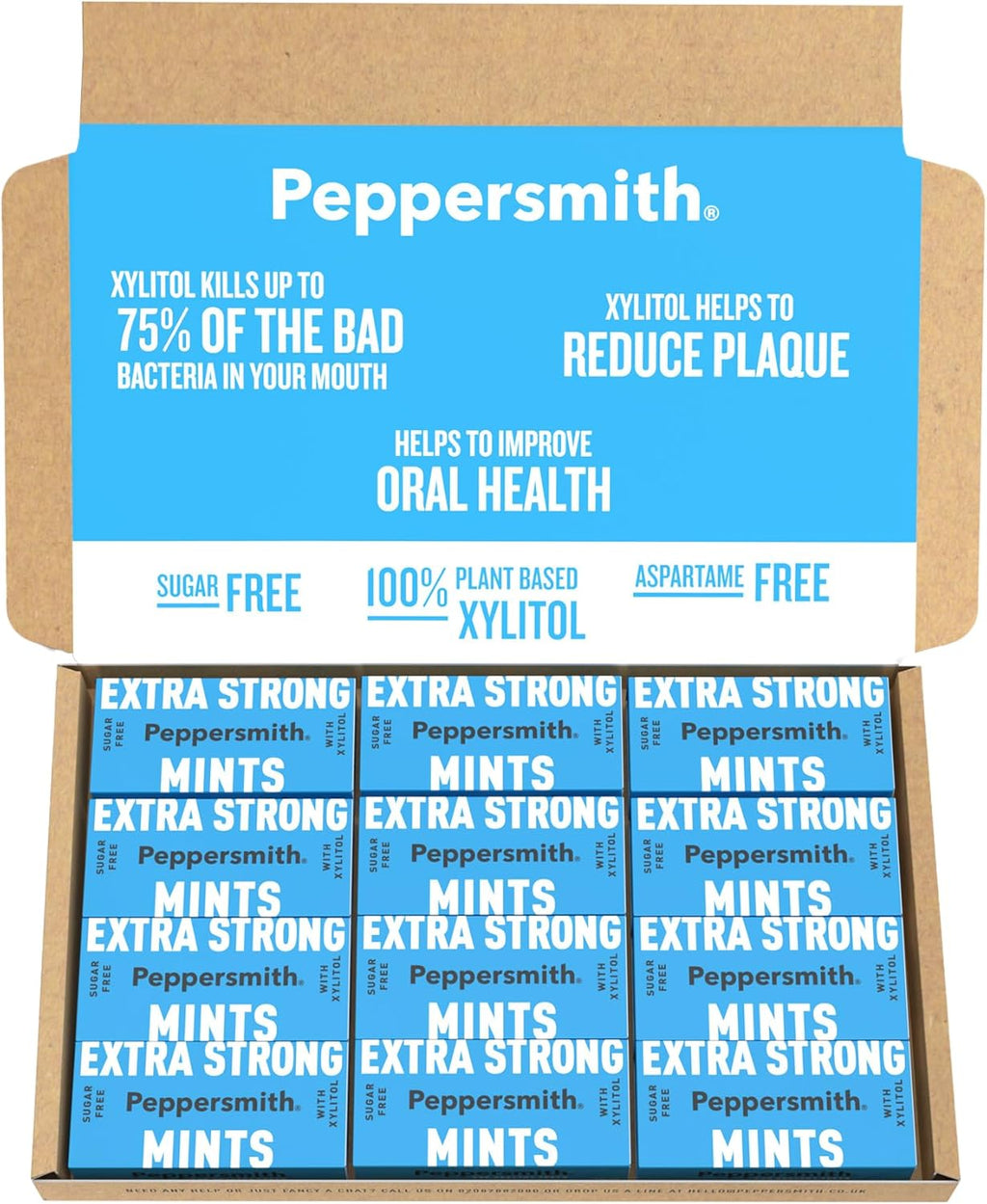 Peppersmith 100% Xylitol Mints, Eucalyptus and Fine English Peppermint, 15 g (Box of 12, Total 300 Mints)