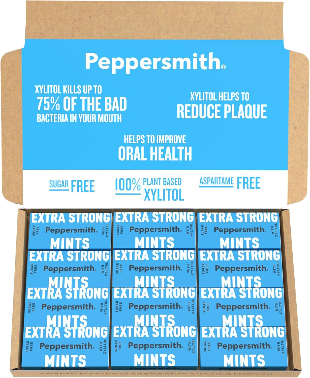 Peppersmith 100% Xylitol Mints, Eucalyptus and Fine English Peppermint, 15 g (Box of 12, Total 300 Mints)
