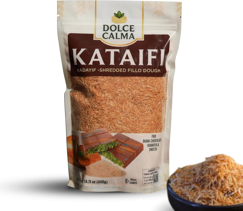 Dolce Calma Premium Roasted Kataifi Dough (400g / 14.1oz) – Kadayif for Dubai Chocolate Bar, Kunafa & Baklava Desserts, Finely Shredded Fillo, Resealable Bag, Phyllo for Pistachio Cream Bakery Knafeh
