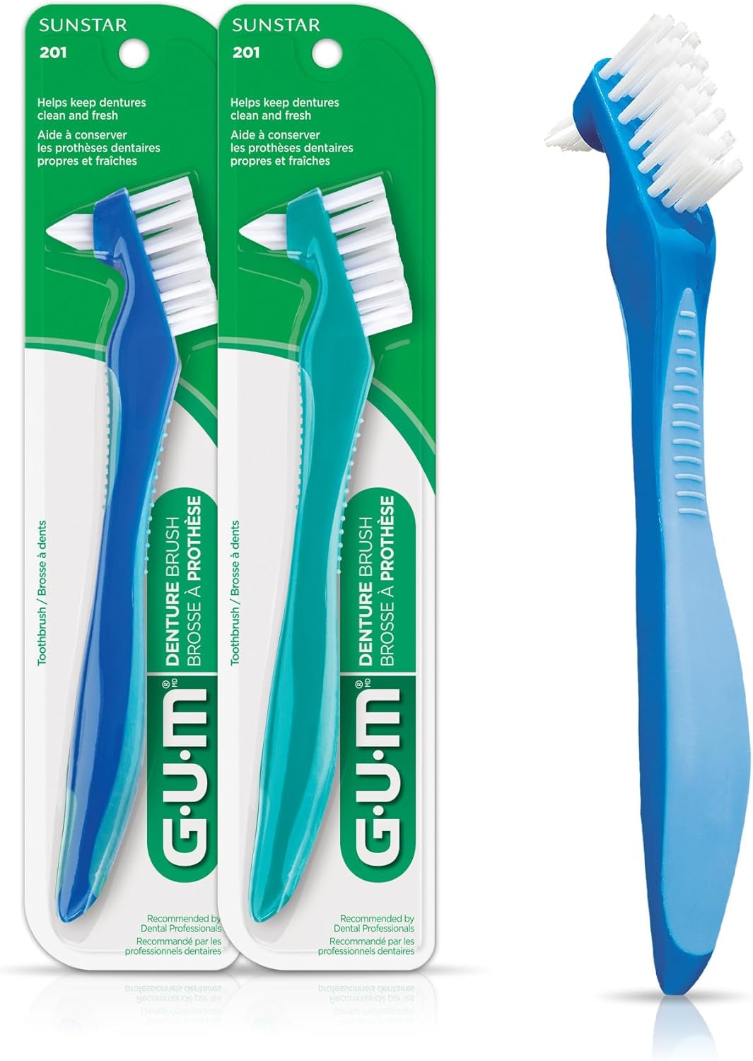 GUM Denture Brush - Dual Headed Hard Bristle Toothbrush for Dentures & Acrylic Retainers - Dentist Recommended Denture Cleaner (Pack of 2)