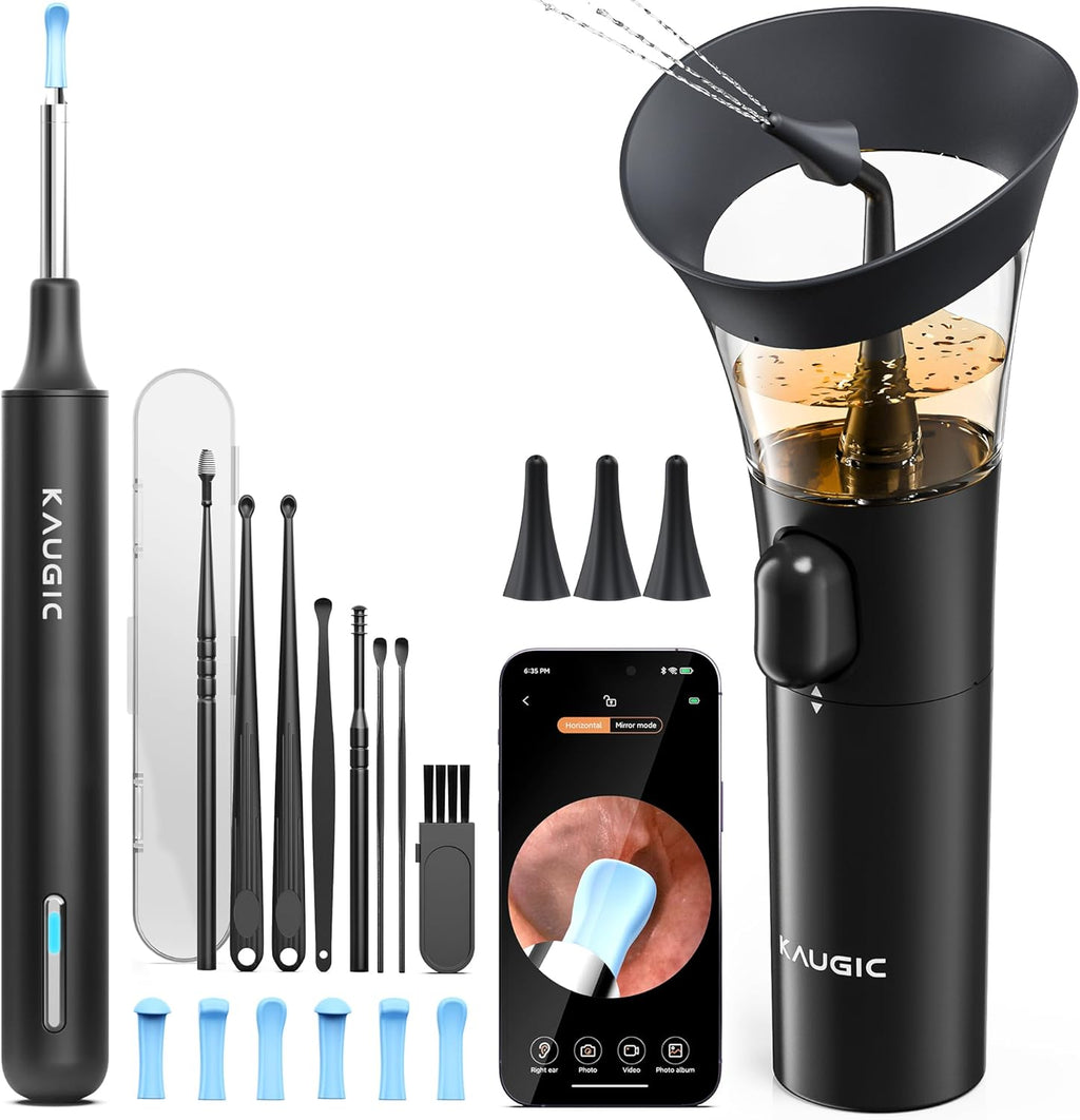 Ear Wax Removal - One-Hand Manual Ear Cleaner with Camera, 7 PCS Ear Spoons, Safe Ear Irrigation Kit for Adults, FSA-HSA-Eligible (Black)