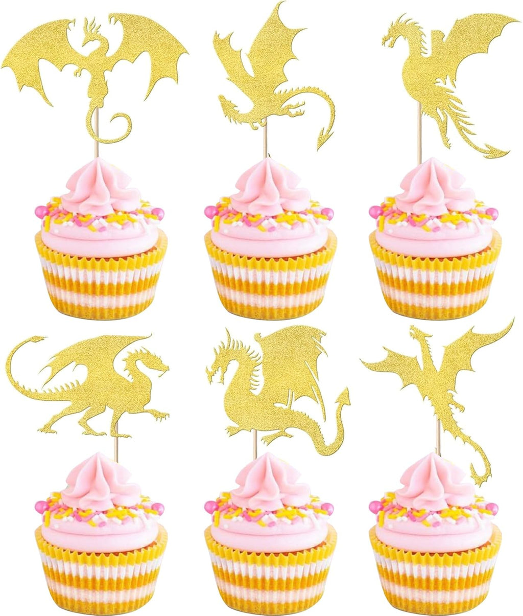 24 Pack Dragon Cupcake Toppers Glitter Fantasy Birthday Cupcake Picks for Medieval Dragon Theme Baby Shower Kids Birthday Party Cake Decorations Supplies Gold
