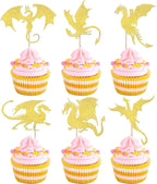 24 Pack Dragon Cupcake Toppers Glitter Fantasy Birthday Cupcake Picks for Medieval Dragon Theme Baby Shower Kids Birthday Party Cake Decorations Supplies Gold