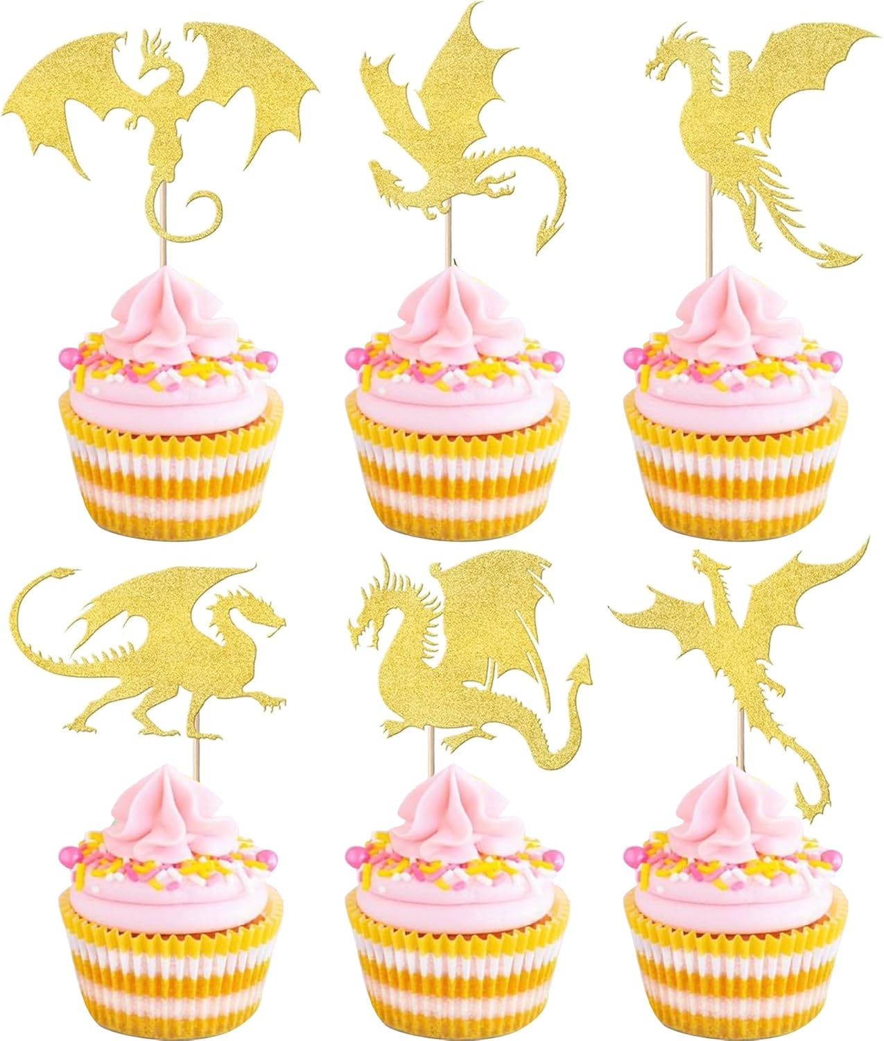 24 Pack Dragon Cupcake Toppers Glitter Fantasy Birthday Cupcake Picks for Medieval Dragon Theme Baby Shower Kids Birthday Party Cake Decorations Supplies Gold
