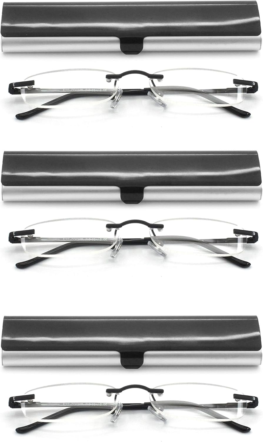 Rimless Reading Glasses with Slim Case Men and Women, Black, Gold and Gunmetal, Blue and Red