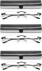 Rimless Reading Glasses with Slim Case Men and Women, Black, Gold and Gunmetal, Blue and Red
