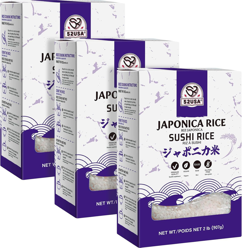 52USA Sushi Rice 2 Pound (Pack of 3), Premium Short Grain Rice 96 Ounce (2721g), Gluten-Free, Vegan, White Sticky Rice for Sushi and Japanese Food