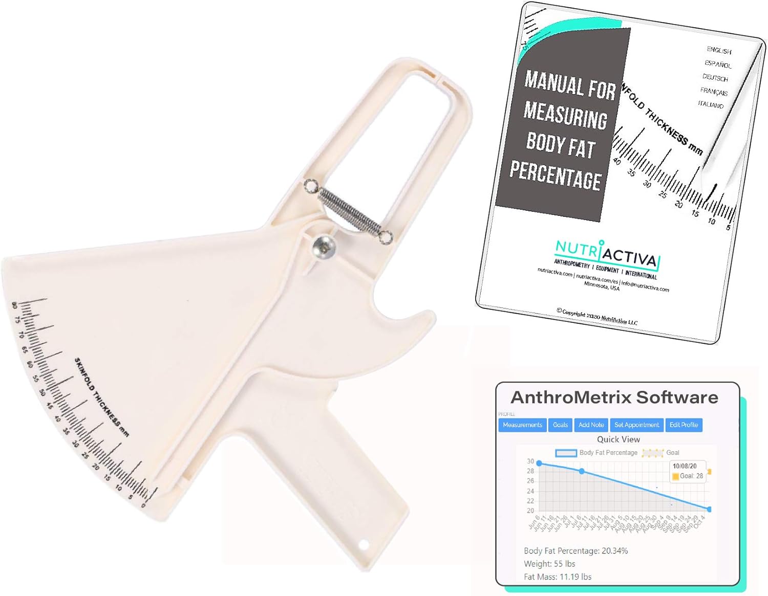 Skinfold Caliper with Body Fat Software and Multilingual Manual (White)