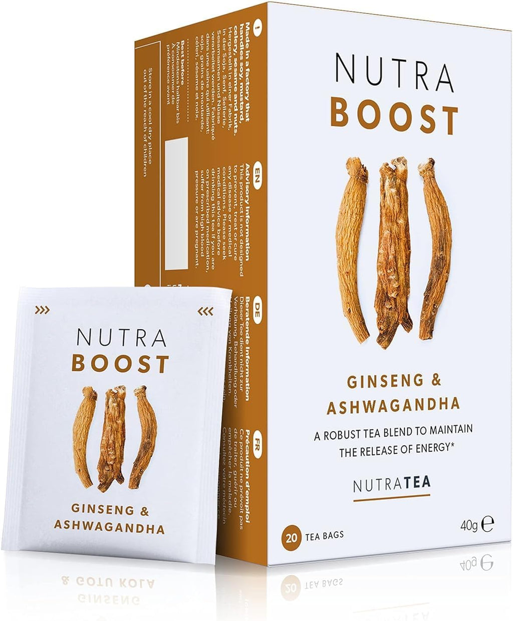Nutra Tea NUTRABOOST - Energy Tea | Herbal Energy & Focus Tea - Help With Tiredness And Fatigue - Includes Green Tea, Ginseng & Ashwagandha - 20 Individually Wrapped Bags - Herbal Teas