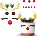 15PCS Christmas Cake Topper Reindeer Ears Eyelashes Antler Cake Decorations Set for Christmas Reindeer Themed Party