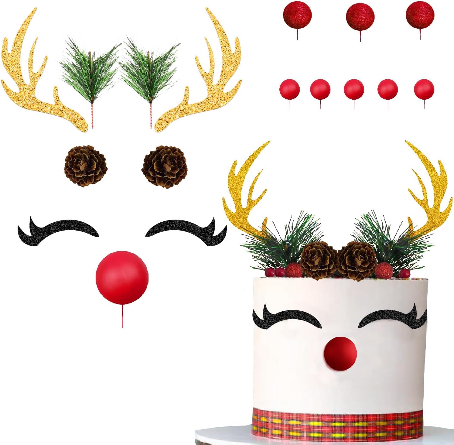 15PCS Christmas Cake Topper Reindeer Ears Eyelashes Antler Cake Decorations Set for Christmas Reindeer Themed Party