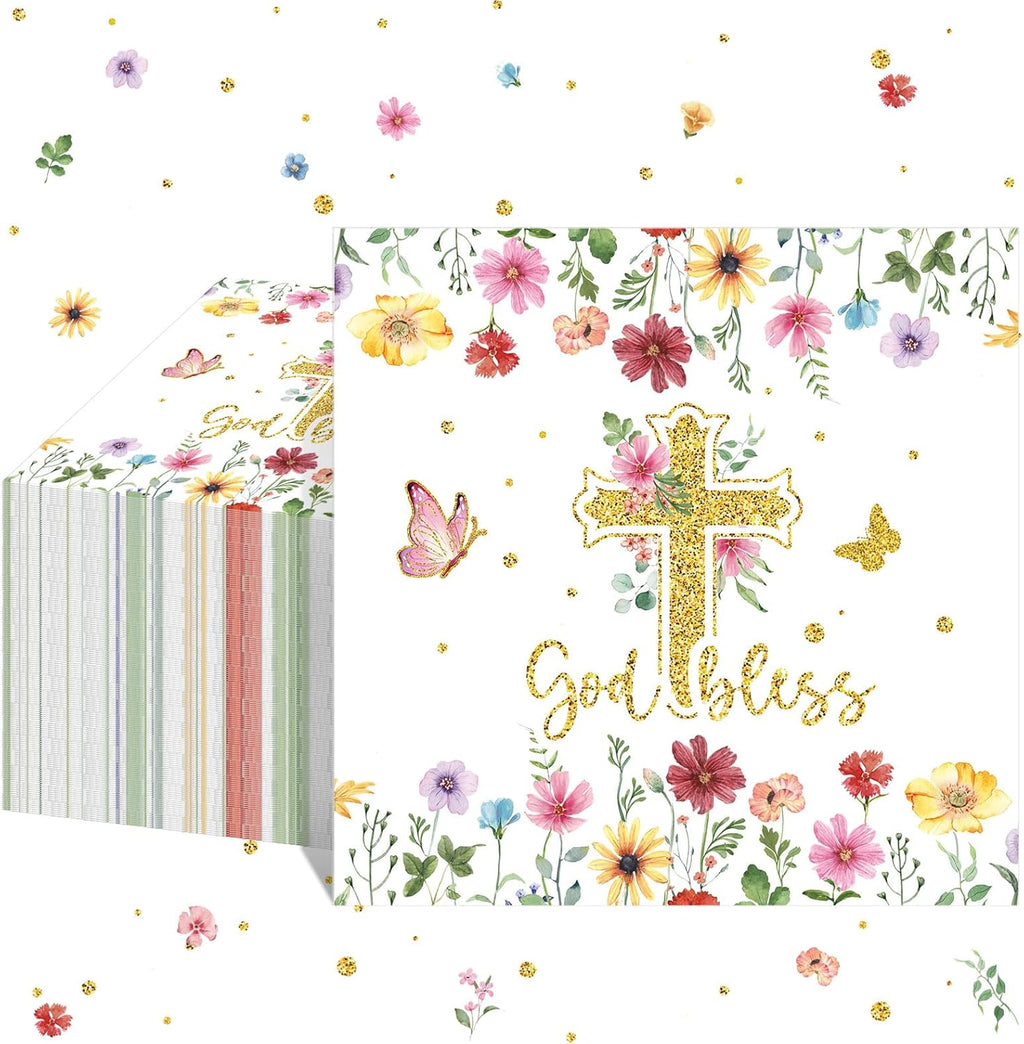 Nuanchu 50 Pcs Baptism Napkins God Bless Napkins Christening Party Decorations First Holy Communion Cross Religious Paper Supplies for Religious Holiday Dinner Party Decorations
