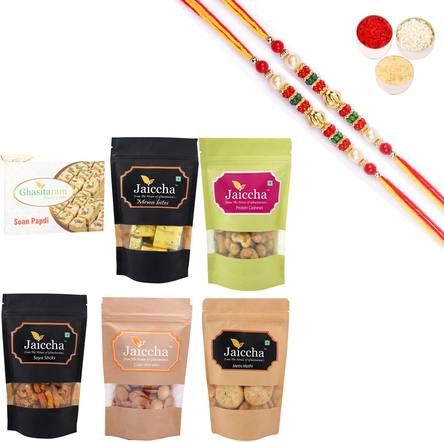 Ghasitaram Gifts Rakhi Gifts for Brothers Rakhi Sweets - Best of 6 Soan Papdi Box, SOYA Sticks Pouch, Coin Biscuits Pouch, Methi Mathi Pouch, Barbeque Cashews, MEWA Bites Pouch with 2 Beads Rakhis