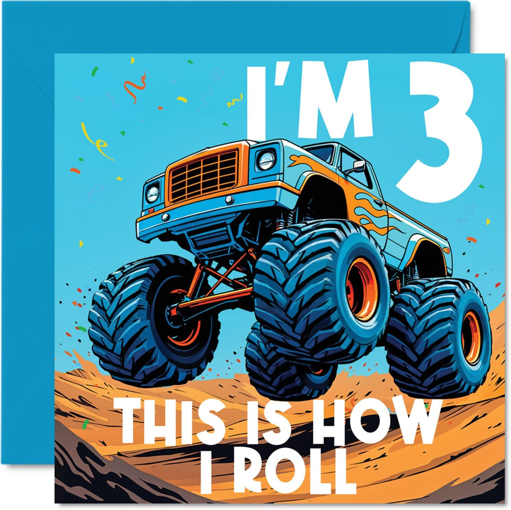 Stuff4 3rd Birthday Cards for Boys - Monster Truck This Is How I Roll - Happy Birthday Card for 3 Year Old Boy Cousin Grandson Nephew Step Son, 5.7 Inch Bday Greeting Cards