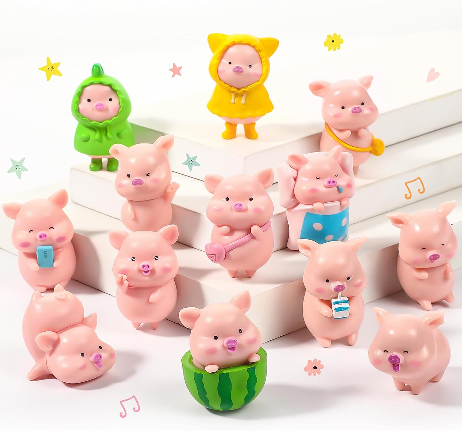 Civaner 13 Pieces Miniature Figurines Pig Cake Toppers Mini Resin Pig Figurines Toys Cute Pink Piggy Garden Miniature Crafts for Birthday Party Decoration, Baby Shower Piggie Theme Party Supplies