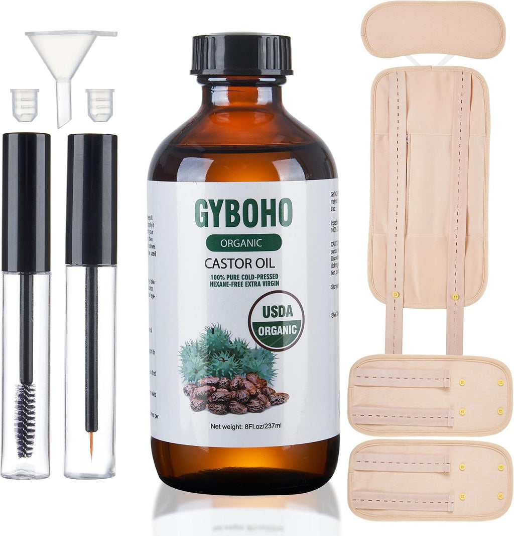 8oz Castor Oil Organic and 4pcs Reusable Castor Oil Pack Wrap Organic Cotton,for Stomach-Neck-Abdomen -Knee-Arm-Liver Detox,with Eyebrow and Eyelash Care Tool Set