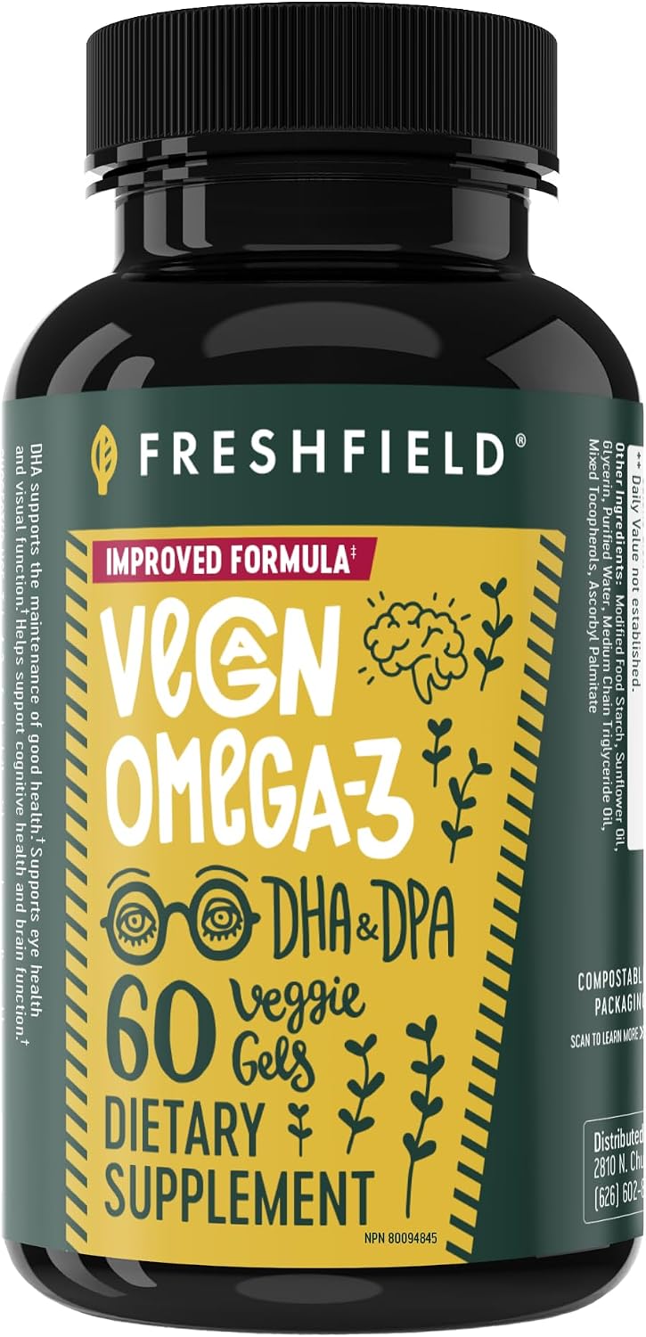 Freshfield Vegan Omega 3, Algae (Algal) Oil, Fish Oil Free Company, Third Party Tested, Carrageenan Free, DHA Supplement w/DPA, Plant Based Omega. Supports Heart, Brain, Joint Health