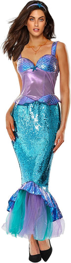 ReneeCho The Mermaid Costume for Women Halloween Sea-maid Tail Dress Adult Blue Sequins Skirts