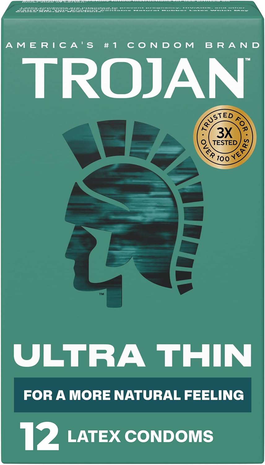 Trojan Ultra Thin Latex Lubricated Condoms for Men, Thin Condoms for a More Natural Feeling, Premium Latex to Help Reduce Risk of Pregnancy and Sexually Transmitted Infections (STIs), 12 count